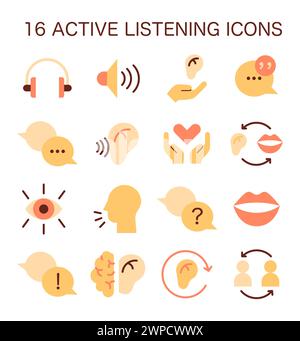 Set di icone delle capacità di ascolto attivo. Simbolo di capacità soft attentiva. Conversazione, negoziazione, intelligenza emotiva e lavoro di squadra. Illustrazione vettoriale piatta Illustrazione Vettoriale
