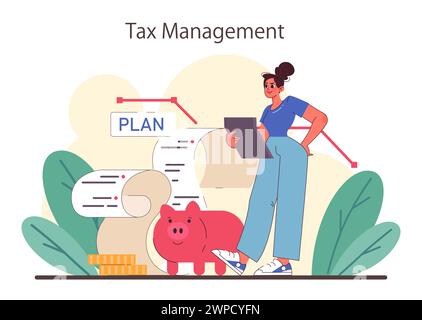 Ottimizzazione fiscale. Efficienza finanziaria, budget e idea di economia. Detrazione e rimborso delle tasse. Illustrazione vettoriale piatta Illustrazione Vettoriale