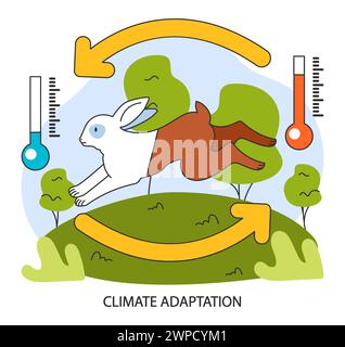 Adattamento ai cambiamenti climatici. Un coniglio si adatta rapidamente alle variazioni di temperatura. Cambiamento dell'ambiente. Illustrazione vettoriale piatta. Illustrazione Vettoriale