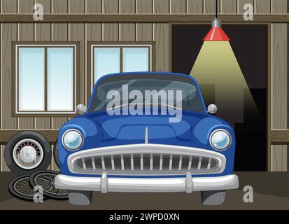 Auto classica blu in manutenzione in garage di legno Illustrazione Vettoriale