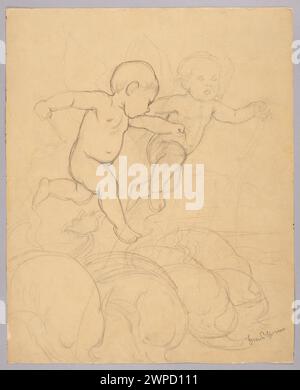 Dipinto di un putta che cavalca delfini di Hans Thoma, creato tra il 1880 e il 1900, raffigurante figure mitologiche e ambientazione marina. Foto Stock