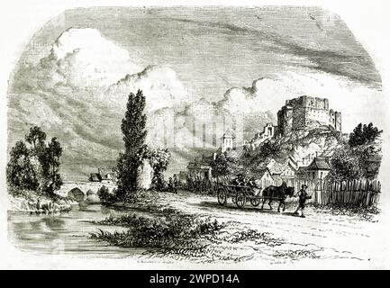 Vecchia vista di Montrichard, Francia. Creato da Girardet dopo Soulès, pubblicato su Magasin Pittoresque, Parigi, 1852 Foto Stock