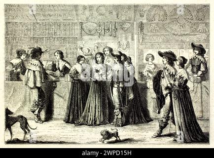 Vecchia illustrazione incisa della società francese del XVII secolo in una scena boutique. Creato da Foulquier dopo Bosse, pubblicato su Magasin Pittoresque 1852 Foto Stock