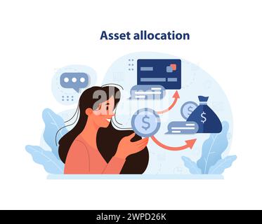Indipendenza finanziaria, concetto di FUOCO. Una giovane donna alloca il suo budget. Risparmi di denaro e investimenti per il prepensionamento. Alfabetizzazione finanziaria e sviluppo del bilancio personale. Illustrazione vettoriale piatta Illustrazione Vettoriale