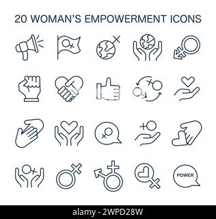 Set di icone di empowerment femminile. Una collezione completa che cattura i simboli femministi, l'unità e la forza. Celebrare la parità di genere. Difesa e diritti visivi. Illustrazione vettoriale piatta. Illustrazione Vettoriale