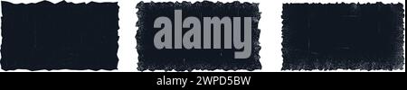 Set di tre pezzi di carta strappati in orizzontale. Cornici rettangolari frastagliate con grunge nero. Foglio strappato vettoriale per adesivi, collage e striscioni. Strappato Illustrazione Vettoriale