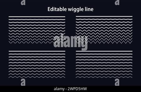 Linee di ondulazione modificabili. Set di curve ondulate e tratti orizzontali intersecanti a zig-zag. Passaggio da una linea retta a una ondulata. Progettazione geometrica Illustrazione Vettoriale