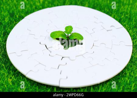 Un germoglio verde attraversa un foro al centro di un puzzle nero. Concetti relativi agli inizi e alla speranza. Foto Stock
