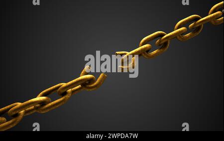 catena dorata con anello debole rotto su sfondo grigio illustrazione 3d. Foto Stock