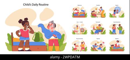 La routine quotidiana dei bambini. I bambini vivono momenti quotidiani, dal risveglio alla buonanotte. Colazione, scuola, tempo di gioco e interazioni sociali. Imparare l'autodisciplina. Illustrazione vettoriale piatta Illustrazione Vettoriale