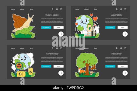 Banner Web o landing page ecologici in modalità notte o buia. Influenza umana. Inquinamento ambientale, ecotossicologia e minacce alle specie invasive. Impatto del cambiamento climatico. Illustrazione vettoriale piatta Illustrazione Vettoriale