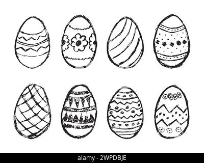Set di otto uova di Pasqua disegnate a mano con motivi diversi su sfondo bianco. Illustrazione vettoriale Illustrazione Vettoriale