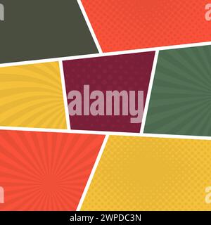 Sfondo colorato della pagina dei fumetti in stile pop art. Modello vuoto con schema di raggi e punti. Illustrazione vettoriale Illustrazione Vettoriale