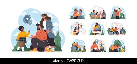 Momenti in famiglia. Casi di legame familiare: Picnic, compleanni, feste per la festa del papà e momenti di custodia dei genitori. Le emozioni che ti avvolgono brillano. Illustrazione vettoriale piatta. Illustrazione Vettoriale