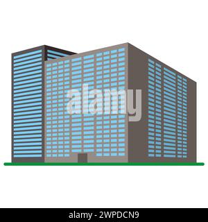 Un alto e moderno edificio su sfondo bianco. Vista dell'edificio dal basso. Illustrazione vettoriale isometrica. Illustrazione Vettoriale