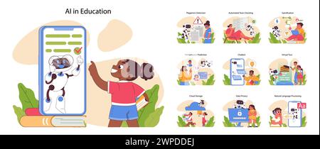 INTELLIGENZA ARTIFICIALE in Education Set. Apprendimento interattivo con la tecnologia. Rilevamento del plagio, automazione dei test, gamification per il coinvolgimento. Esperienze virtuali innovative. Illustrazione vettoriale piatta Illustrazione Vettoriale
