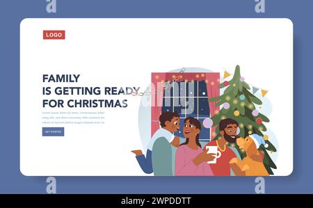 Banner Web o landing page per le feste di Natale. Allegri membri della famiglia, coppia nera con figlio e cane che trascorrono del tempo insieme durante le vacanze invernali. Decorazioni natalizie. Illustrazione vettoriale piatta Illustrazione Vettoriale