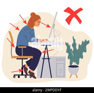 Postura errata per sedersi alla scrivania del computer. Posizione errata. Schiena, collo e gambe sbagliate rappresentano una donna sul posto di lavoro. Vettore Illustrazione Vettoriale