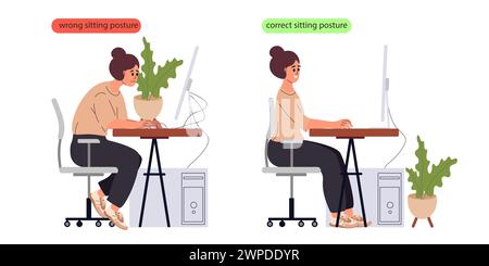 Posizione corretta e postura errata per sedersi alla scrivania del computer. Vasi e fili corretti e sbagliati. Giusto e sbagliato. Vettore Illustrazione Vettoriale