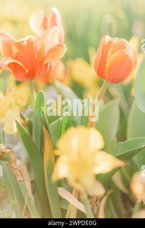 I vivaci tulipani arancioni che sbocciano in un giardino fiorito Foto Stock