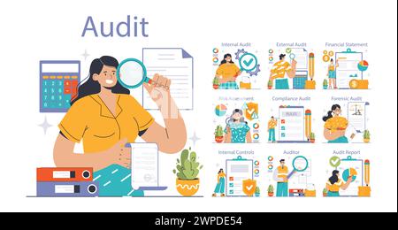 Set di controllo. Professionisti che valutano i dati finanziari. Valutazione interna ed esterna, controlli di conformità. Controllo forense, analisi dei rischi. Revisioni del bilancio. Illustrazione vettoriale piatta Illustrazione Vettoriale