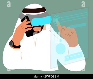 Uomo d'affari arabo che indossa moderni occhiali VR, uomo d'affari arabo che usa Phone Muslim Entrepreneur. Concetto di auricolare per realtà virtuale. Illustrazione vettoriale Illustrazione Vettoriale