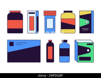 Set di oggetti cartoon lineari 2D per farmaci farmaceutici Illustrazione Vettoriale