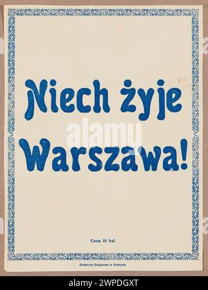 Cassa stampata dalla Union Printing House, datata 1914-1918, con il testo "Let Warsaw YOU WILL!" e un prezzo di 10 sale, che riflette la tipografia e la propaganda dei primi anni del xx secolo. Foto Stock