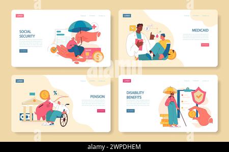 Set di vantaggi finanziari. Signora anziana sotto l'ombrello della sicurezza sociale; un medico che parla di Medicaid; uomo che assicura la pensione con salvadanaio; donna che mostra i benefici per la disabilità. Illustrazione vettoriale piatta. Illustrazione Vettoriale