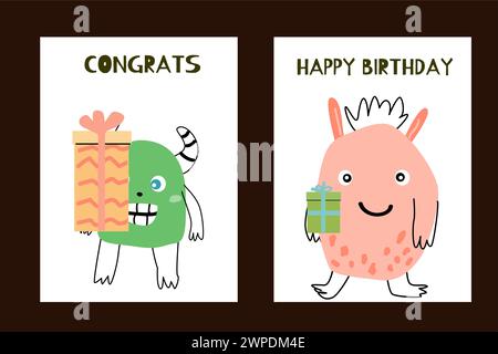 Set di poster per bambini di compleanno con mostri carini. L'illustrazione vettoriale può essere utilizzata per banner, sfondo per il compleanno del bambino, biglietto d'auguri, poster per interni Illustrazione Vettoriale