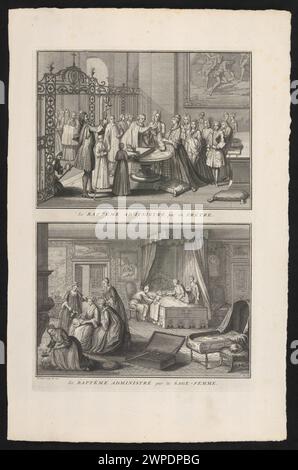 Un'incisione del 1722 di Bernard Picart raffigura due illustrazioni di cerimonie di battesimo eseguite da un sacerdote, tra cui il battesimo d'emergenza dell'acqua, che dimostrano le pratiche sacramentali cristiane dell'inizio del XVIII secolo. Foto Stock
