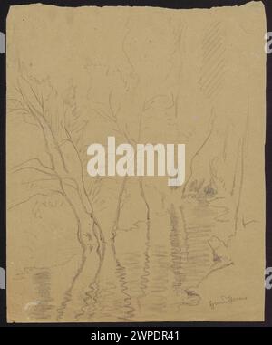 Un paesaggio che mostra alberi che crescono lungo una riva del fiume, con i loro riflessi visibili nell'acqua, dipinto da Hans Thoma tra il 1890 e il 1900. Foto Stock