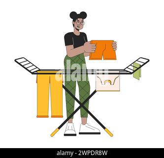 Bucato appeso sulla linea del rack cartone animato illustrazione piatta Illustrazione Vettoriale