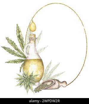 Illustrazione della corona di olio e semi di Cannabis acquerello, bottiglia di olio di marijuana con foglie, clipart, clip art per farmaci terapeutici naturali dipinte a mano, medi Foto Stock