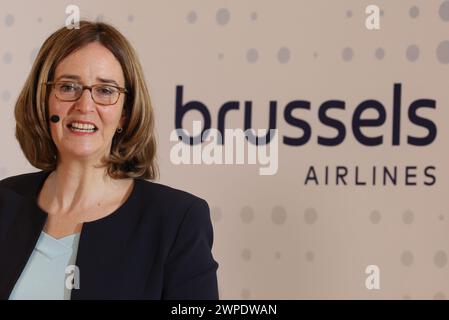 Diegem, Belgio. 7 marzo 2024. Dorothea von Boxberg, CEO di Brussels Airlines, nella foto, durante una riunione stampa della compagnia aerea Brussels Airlines per presentare i risultati del 2023, a Diegem. BELGA PHOTO BENOIT DOPPAGNE credito: Belga News Agency/Alamy Live News Foto Stock