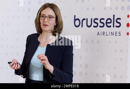 Diegem, Belgio. 7 marzo 2024. Dorothea von Boxberg, CEO di Brussels Airlines, nella foto, durante una riunione stampa della compagnia aerea Brussels Airlines per presentare i risultati del 2023, giovedì 07 marzo 2024 a Diegem. BELGA PHOTO BENOIT DOPPAGNE credito: Belga News Agency/Alamy Live News Foto Stock