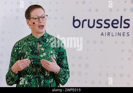 Diegem, Belgio. 7 marzo 2024. Nina Owerdieck CFO di Brussels Airlines nella foto durante una riunione stampa della compagnia aerea Brussels Airlines per presentare i risultati del 2023, giovedì 07 marzo 2024 a Diegem. BELGA PHOTO BENOIT DOPPAGNE credito: Belga News Agency/Alamy Live News Foto Stock