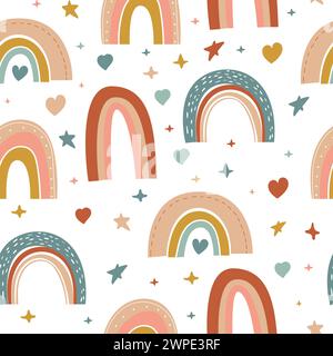 Motivo Rainbow senza cuciture. Arcobaleno vettoriale disegnato a mano in stile boho scandinavo cartoni animati per bambini che avvolgono carta, tessuto, carta da parati, stampe, tessuto. Ra Illustrazione Vettoriale