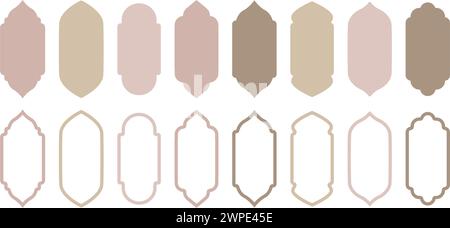 Set di finestre della moschea araba pastello. Eleganti forme ad arco. Elementi architettonici islamici isolati su sfondo bianco. Icone, ilustrazioni vettoriali per Illustrazione Vettoriale