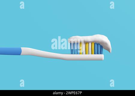 Spazzolino bianco e blu con dentifricio su sfondo blu. Illustrazione del concetto di igiene orale e cura dentale di denti e gengive Foto Stock