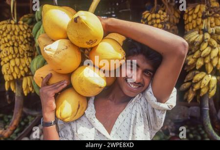 Sri Lanka, Negombo, l'uomo immagazzina le noci di cocco nel suo chiosco di frutta nel mercato. Foto Stock