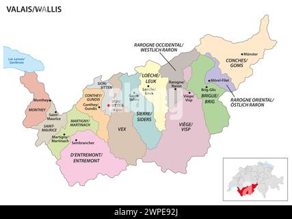 Mappa amministrativa del Canton Vallese, Svizzera Foto Stock