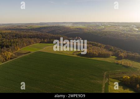 Castello storico di Pieskowa Skala vicino a Cracovia in Polonia. Vista aerea in estate. Vista aerea del castello di Pieskowa Skala, del parco nazionale di ojcow, Polonia. Foto Stock