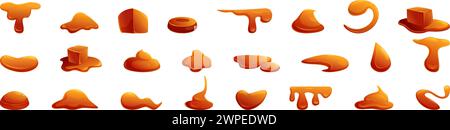 Le icone Caramel Drops impostano il vettore dei cartoni animati. Salsa di zucchero toffee. Fudge lucido Illustrazione Vettoriale