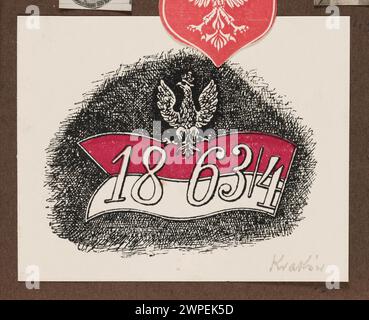 Una stampa occasionale di H. Paszkowski da Varsavia (1914-1920) raffigura una bandiera rossa e bianca con date 1863/1864 detenuta da un'aquila in una corona. Foto Stock