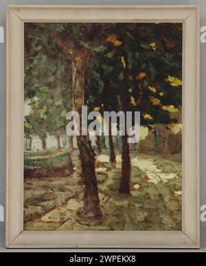 Dipinto intitolato 'Corte' creato nel 1932 da Jan Bohuszewicz (1878-1935), raffigurante una scena di cortile con figure ed elementi architettonici in uno stile realista. Foto Stock