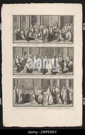 Sei illustrazioni di Bernard Picart del 1722 raffiguranti le fasi della consacrazione di un vescovo, mostrando procedure cerimoniali e religiose nella Chiesa cattolica. Foto Stock