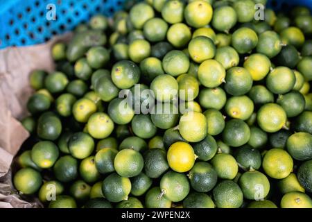Immagine sfocata di Calamondin appena raccolto al mercato . messa a fuoco selettiva, scarsa illuminazione Foto Stock