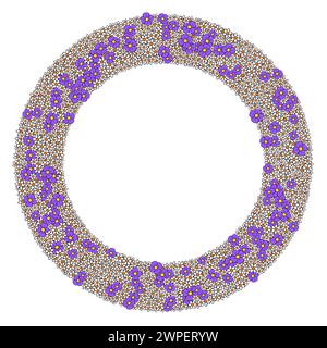 Corona floreale composta da numerosi piccoli fiori bianchi e viola. Telaio circolare con molti fiori disposti in modo casuale. Illustrazione isolata. Foto Stock