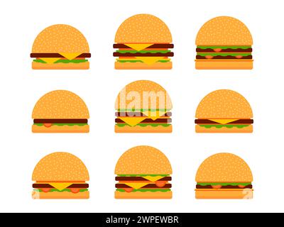 Set di icone Burger isolato su sfondo bianco. Collezione di icone di cheeseburger e hamburger. Cheeseburger con due cotolette. Bun con semi di sesamo, cu Illustrazione Vettoriale